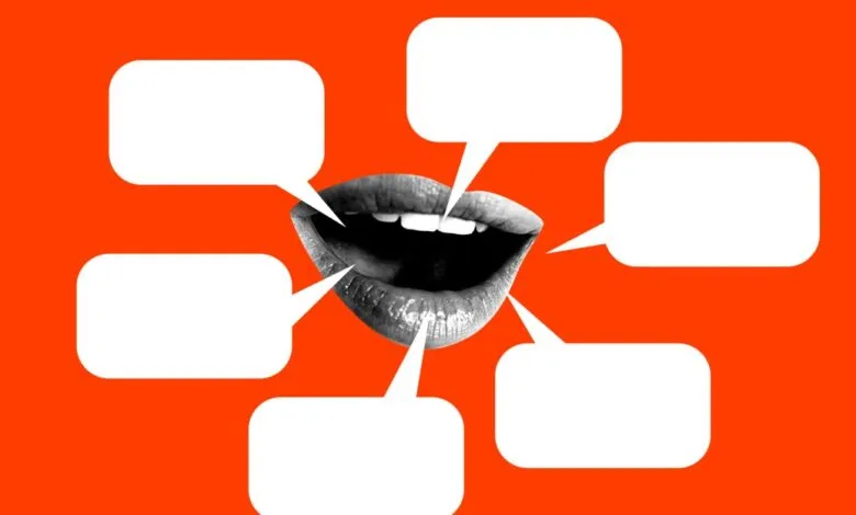 Open mouth surrounded by blank speech bubbles on orange background.