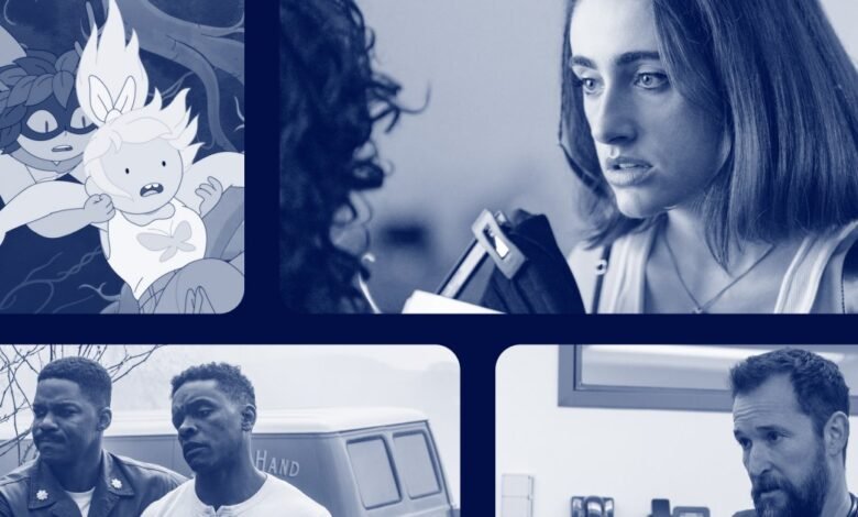 Collage of HBO Max shows: Adventure Time, Station Eleven, Made for Love, DMZ.