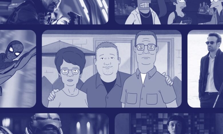 Collage of TV show characters including Spider-Man, King of the Hill, Daredevil.