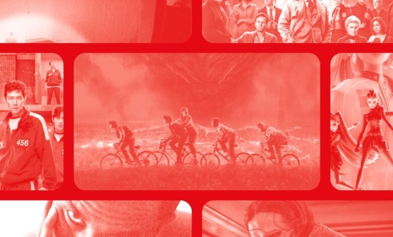 Montage of Netflix shows including Squid Game and Stranger Things.