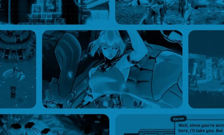 Collage of video game screenshots in blue tones, showcasing diverse game styles.