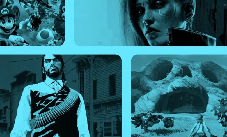 Montage of video game images including Mario, Cyberpunk 2077, Red Dead Redemption, and Zelda.