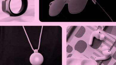 Wearable tech collage: ring, glasses, pendant, earbuds in pink tones.