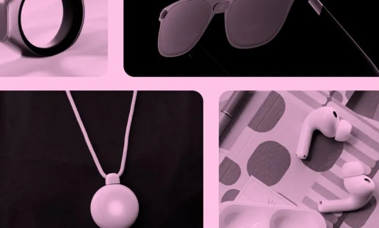 Wearable tech collage: ring, glasses, pendant, earbuds in pink tones.