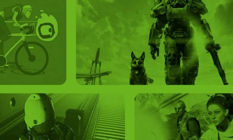 Green-toned collage of video game scenes: cyclist, Fallout, and sci-fi characters.