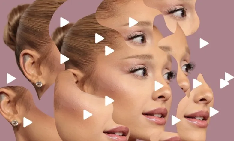 Fragmented portrait of Ariana Grande with play button overlays on a mauve background.