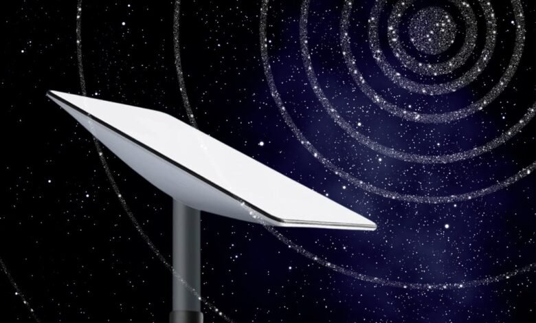 Starlink dish against a starry night sky with spiral galaxy effect.