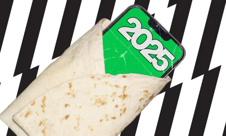 Smartphone wrapped in a tortilla, screen displaying '2025'.