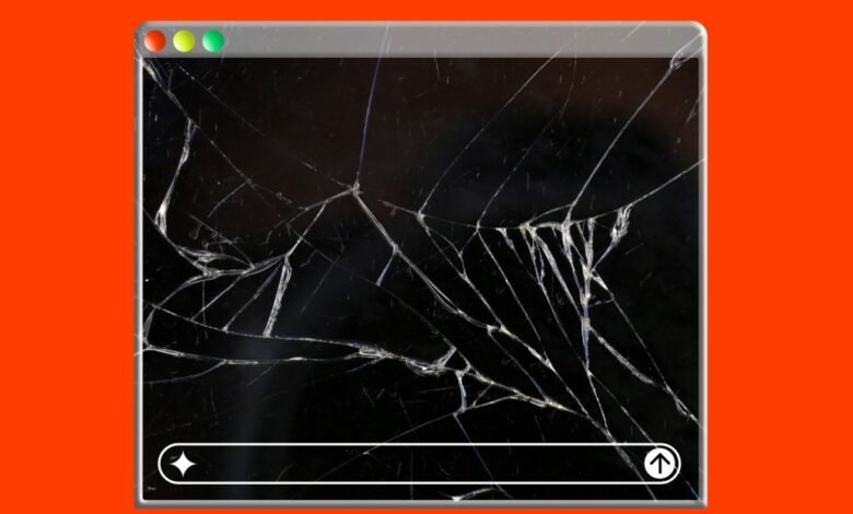 Cracked screen of a computer window on a bright orange background.