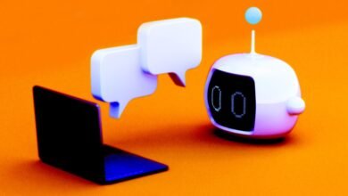 Laptop, speech bubbles, and a robot on an orange background.