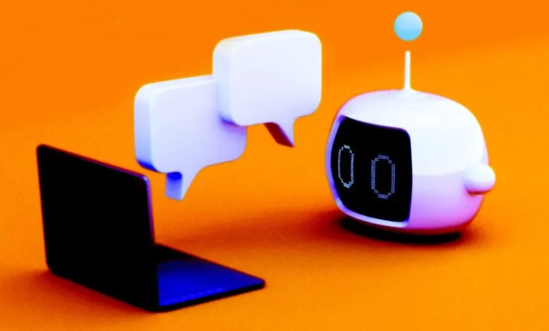 Laptop, speech bubbles, and a robot on an orange background.