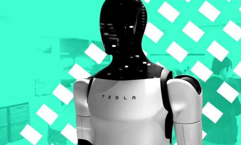 Tesla Optimus robot torso with black head and white body against a teal background.