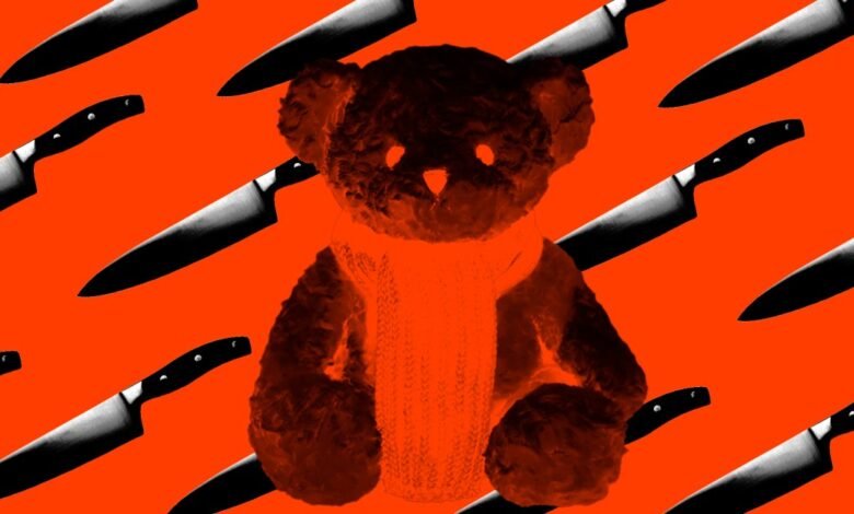 Teddy bear with knives in the background, creating a disturbing image.