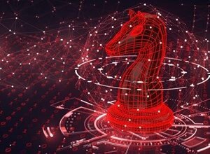Red chess knight piece surrounded by digital network and binary code.