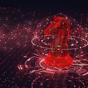 Red chess knight piece surrounded by digital network and binary code.