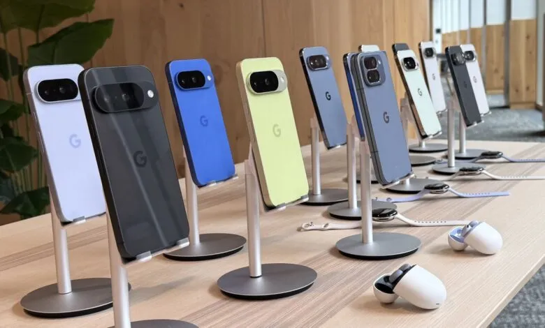 Google Pixel phones in various colors on display stands.