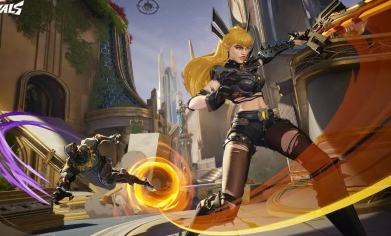 Dynamic action scene from Marvel Rivals featuring a blonde female character in combat.
