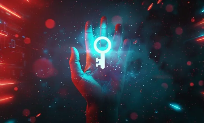 Hand holding glowing key in digital space, security concept.