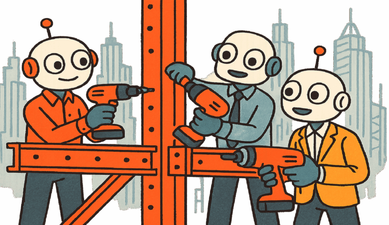 Three cartoon robots in business attire construct a metal frame.