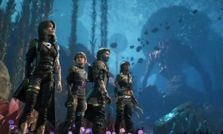 Four characters stand in an alien underwater landscape, looking upwards.