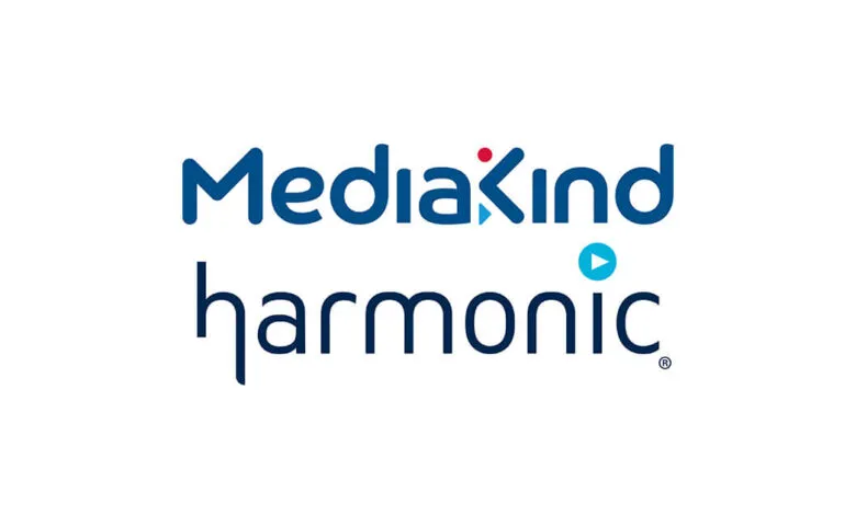 MediaKind and harmonic logos in blue and red on a white background.