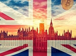Union Jack flag overlaying Houses of Parliament with floating Bitcoin symbols.