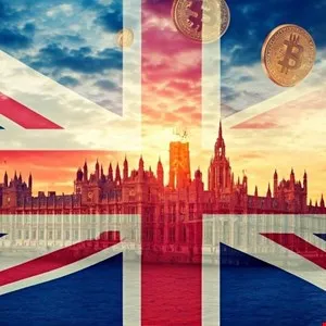 Union Jack flag overlaying Houses of Parliament with floating Bitcoin symbols.