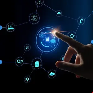 Hand touching AI icon within a network of technology symbols on a dark blue background.