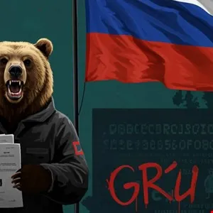Illustration of a bear in a jacket holding papers, with a Russian flag backdrop.