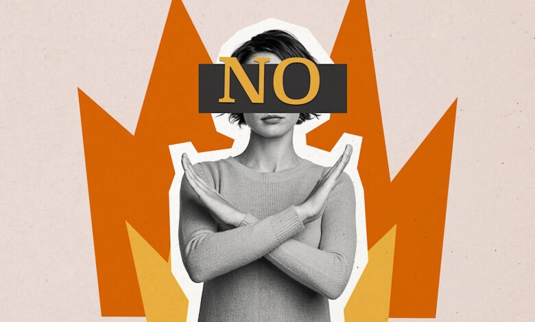 Woman with crossed arms and 'NO' over eyes conveys refusal.