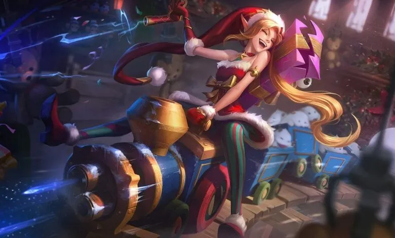 Whimsical elf girl rides a toy train in a festive holiday scene.