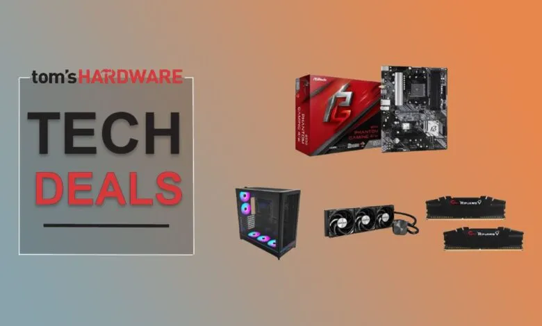 Tech deals graphic featuring PC components like motherboard, RAM, and case.