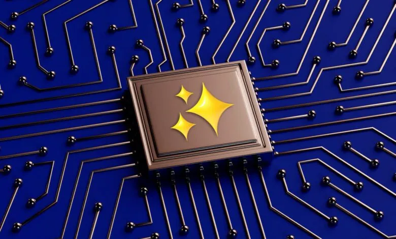 Computer chip with gold stars on a blue circuit board background.