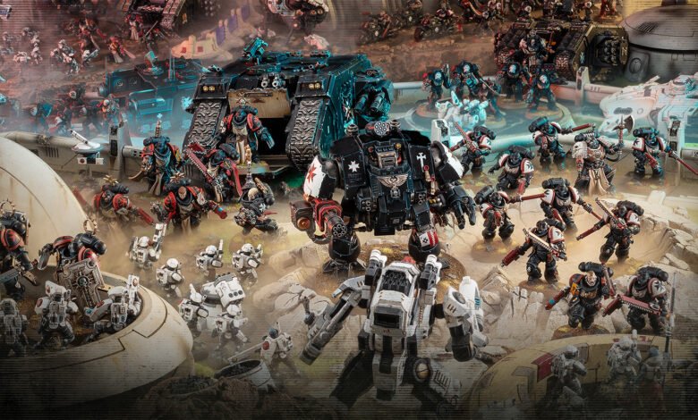 Warhammer 40k miniatures battle scene with Space Marines and Tau.