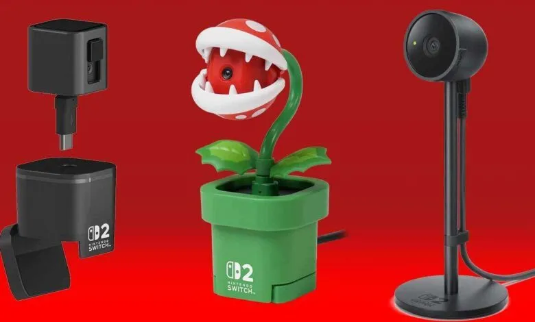 Three Nintendo Switch accessories: a charging dock, a Piranha Plant camera, and a standard camera.