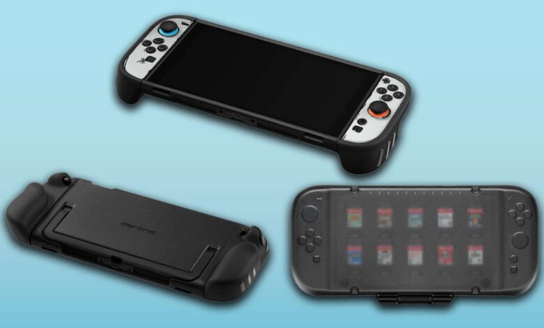 Three dbrand Nintendo Switch cases: grip case, killswitch case, and game case.