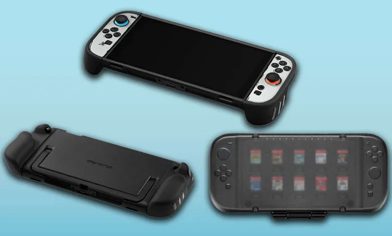 Three dbrand Nintendo Switch cases: grip case, killswitch case, and game case.