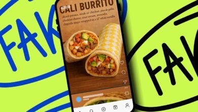 Smartphone displaying a Cali Burrito Instagram post with 'FAKE' overlay.
