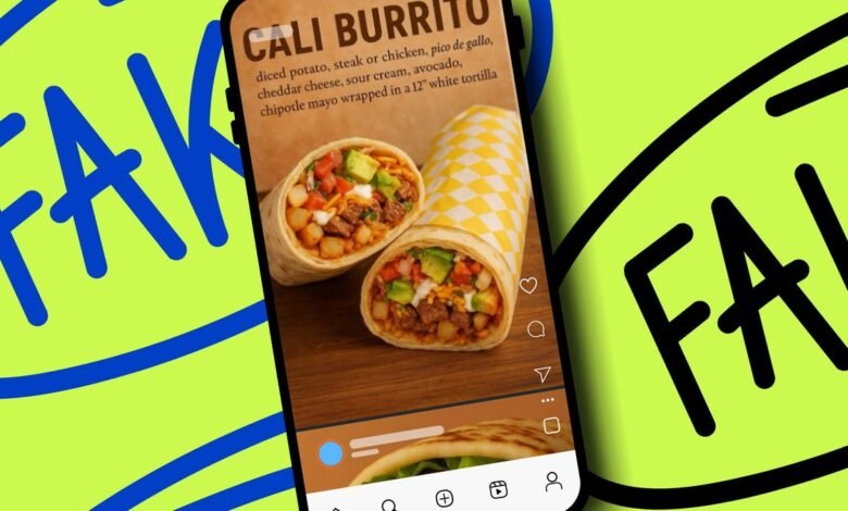 Smartphone displaying a Cali Burrito Instagram post with 'FAKE' overlay.