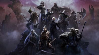 Group of fantasy characters in dark, rainy environment, possibly from a video game.