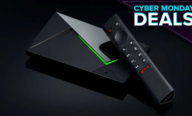 Nvidia Shield TV Pro and remote with Cyber Monday Deals graphic overlay.