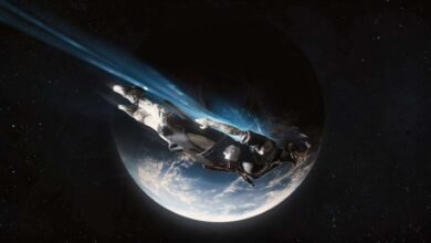 Futuristic figure soars through space with Earth-like planet backdrop.