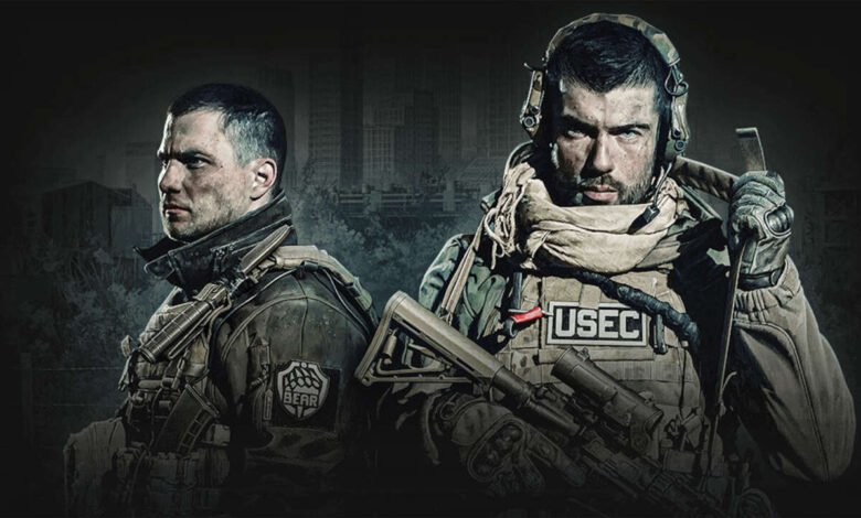 Two armed soldiers stand ready in a war-torn urban landscape.