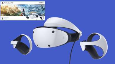 PlayStation VR2 headset and controllers with Horizon Call of the Mountain game bundle.