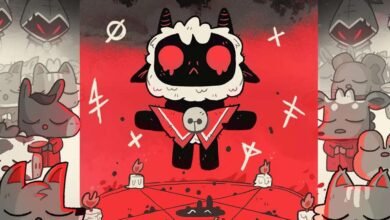 Cult of the Lamb game art featuring a lamb in a ritualistic setting.