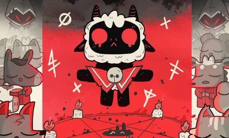 Cult of the Lamb game art featuring a lamb in a ritualistic setting.