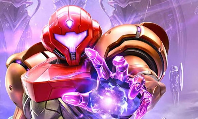 Samus Aran in her power suit, hand glowing with energy.