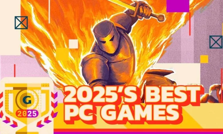 2025's Best PC Games graphic with knight and fire background.