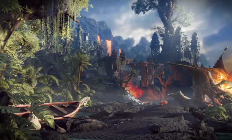 Lush jungle landscape with ancient ruins, boat, and vibrant foliage.