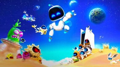 Astro Bot and friends explore a vibrant, colorful alien landscape with planets and spaceships.